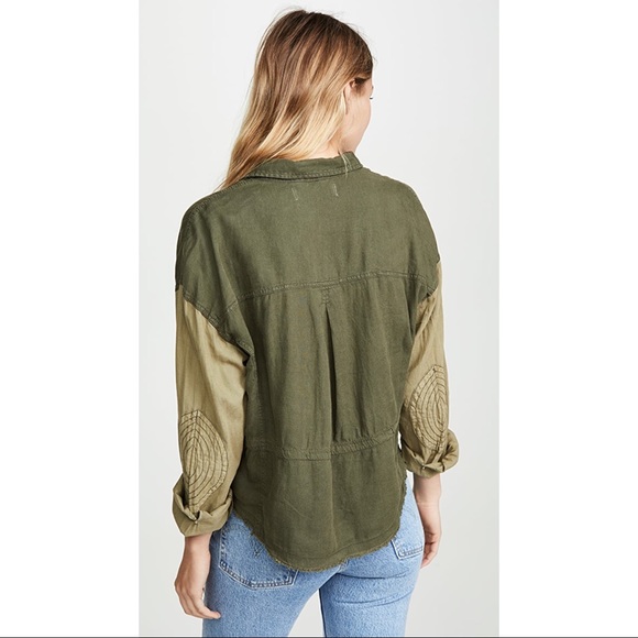 Free People Day Drifter Utility Button Down Long Sleeve Linen Shirt Green NEW - Picture 2 of 7